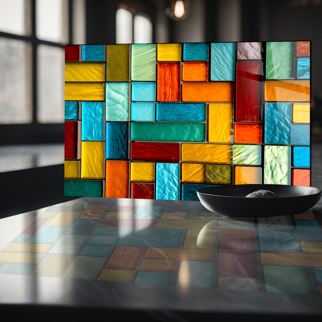 Renkli Vitray Desenli Ocak Arkası Temperli Cam Panel – Modern Mutfak Backsplash Dekoru