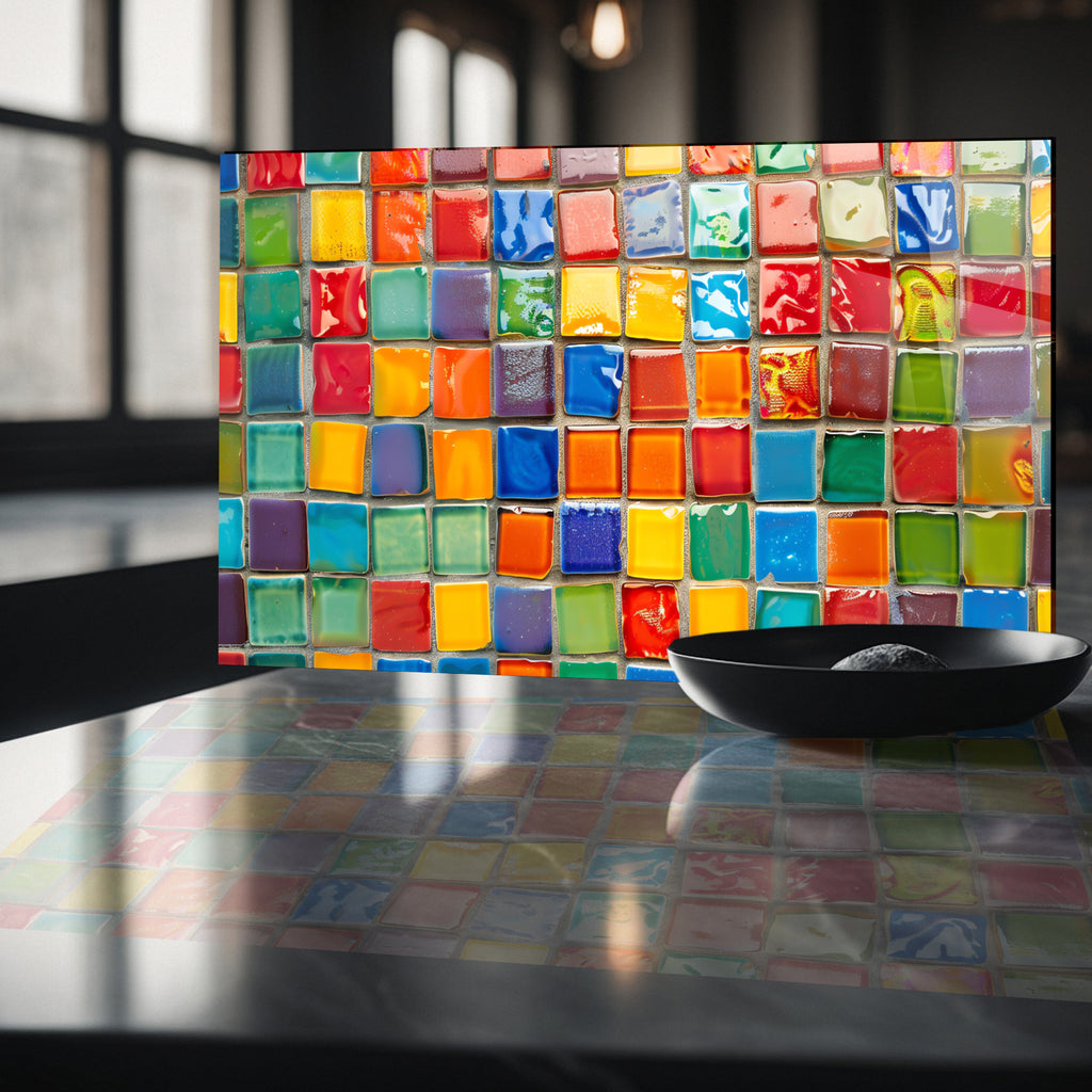 Renkli Ocak Arkası Temperli Cam Panel – Modern Mutfak Backsplash Dekoru