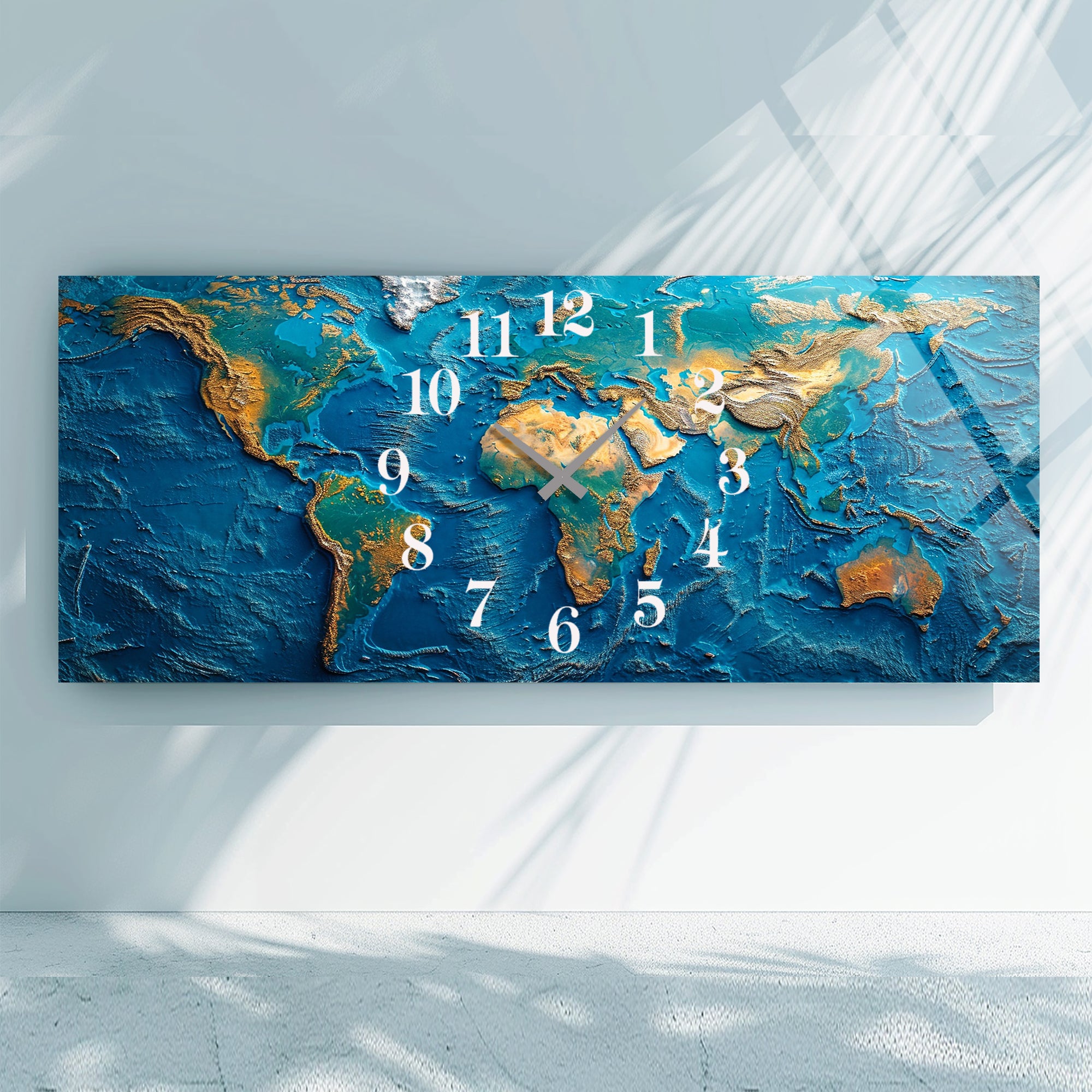 Dünya Haritası Temalı Temperli Cam Duvar Saati – Altın Detaylı Modern Tasarım, Büyük Boy Duvar Dekoru (Kopya)