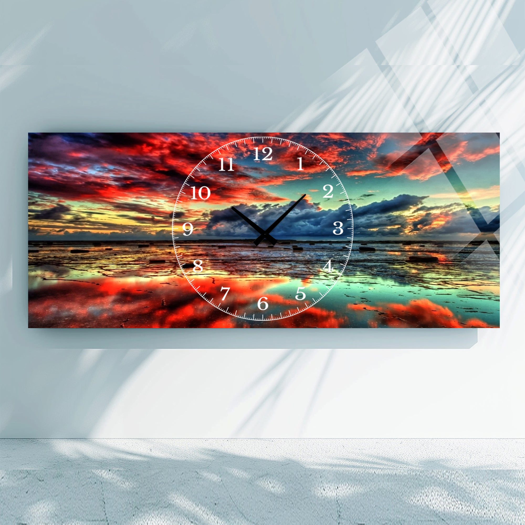 Manzara Temalı Temperli Cam Duvar Saati – Altın Detaylı Modern Tasarım, Büyük Boy Duvar Dekoru