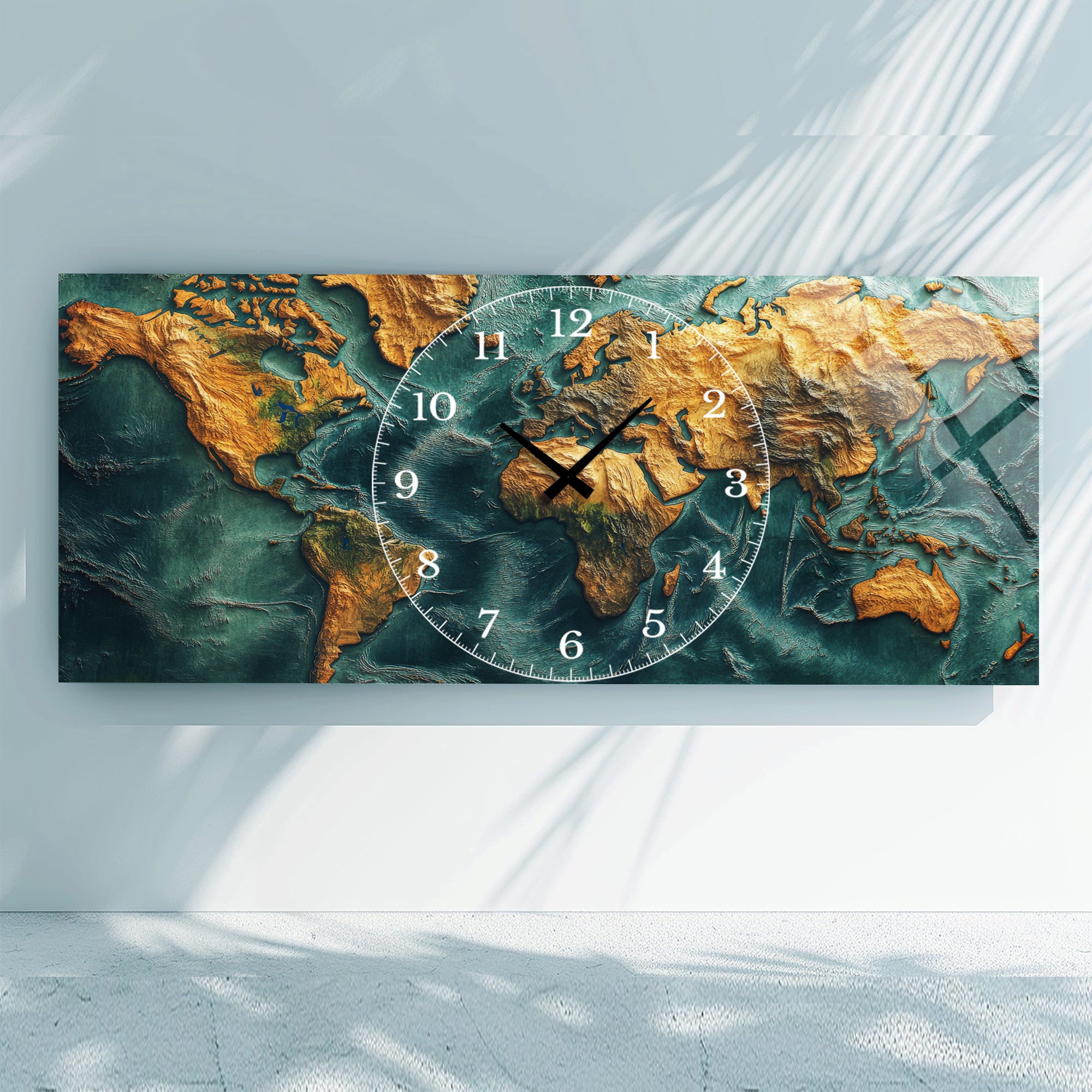 World Map Themed Tempered Glass Wall Clock – Modern Design with Gold Details, Large Wall Decor