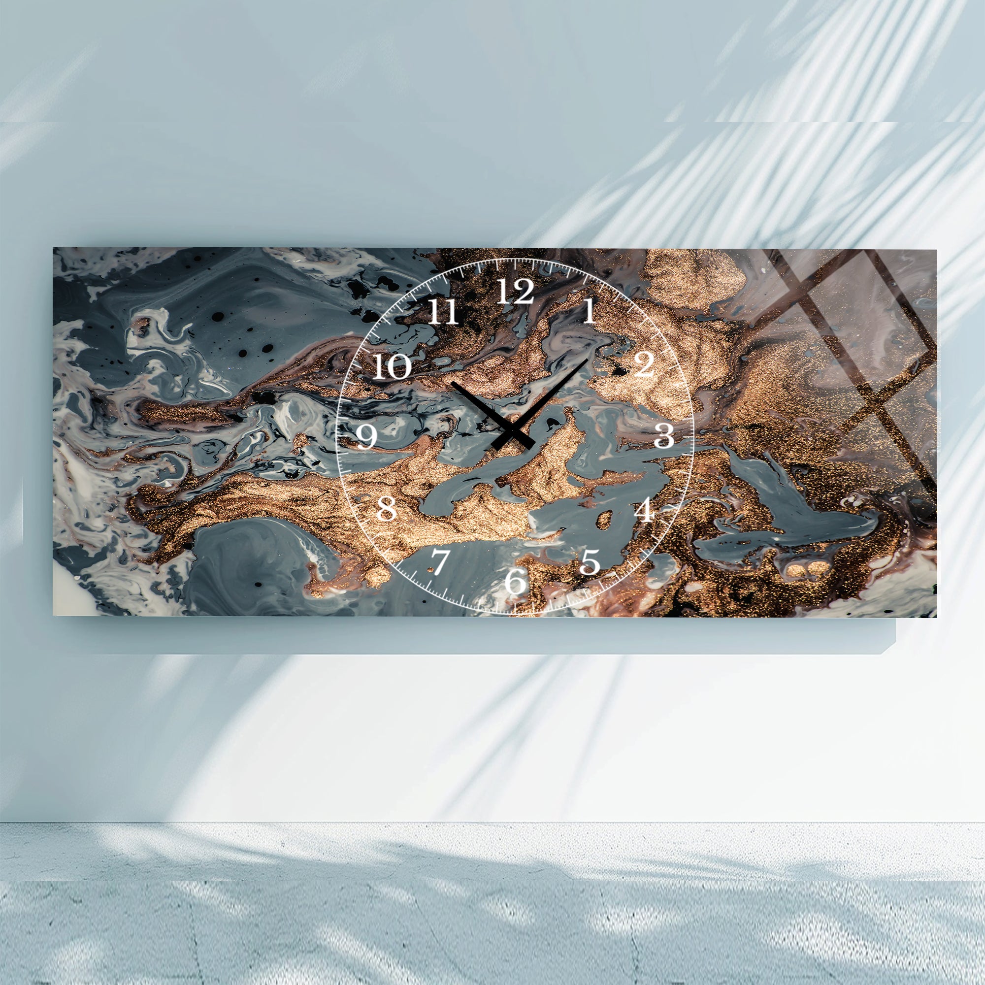 Soyut Temalı Temperli Cam Duvar Saati – Altın Detaylı Modern Tasarım, Büyük Boy Duvar Dekoru
