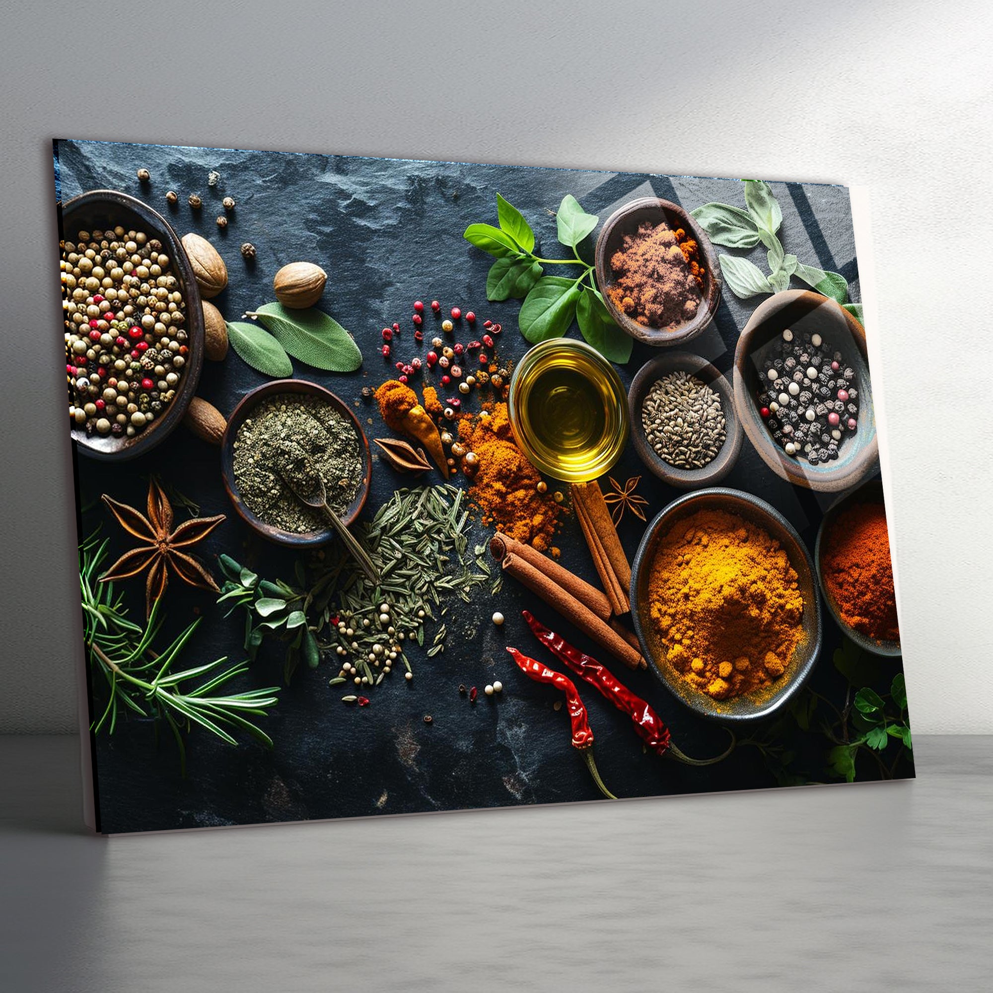 Temperli Cam Duvar Tablosu  Renkli Baharatlar Soyut