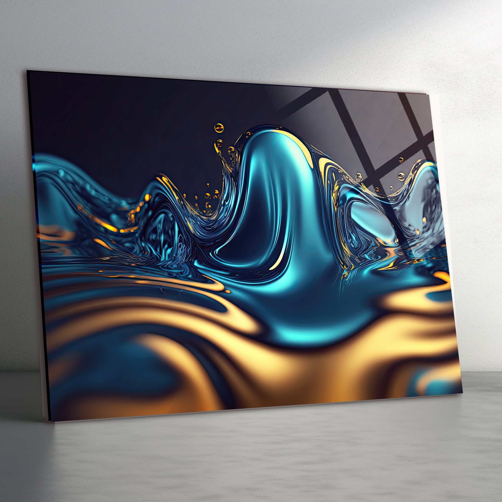 Temperli Cam Duvar Tablosu  Soyut Metalik