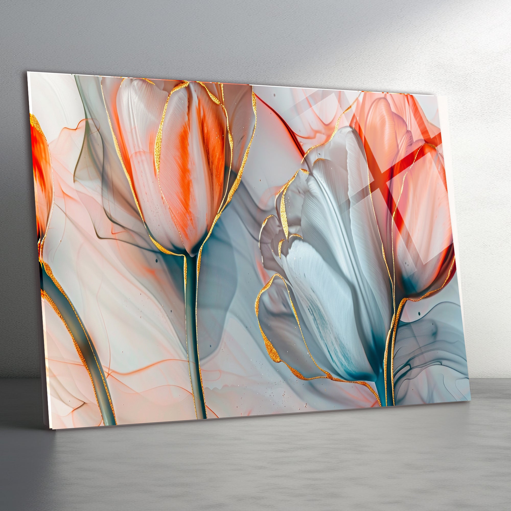 Temperli Cam Duvar Tablosu  Pembe Laleler