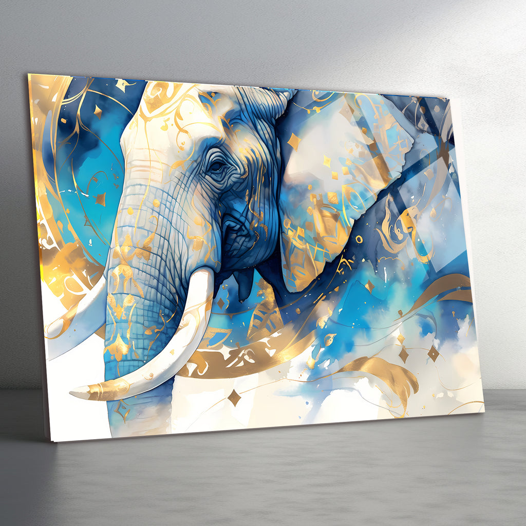 Temperli Cam Duvar Tablosu  Mavi Altın Fil