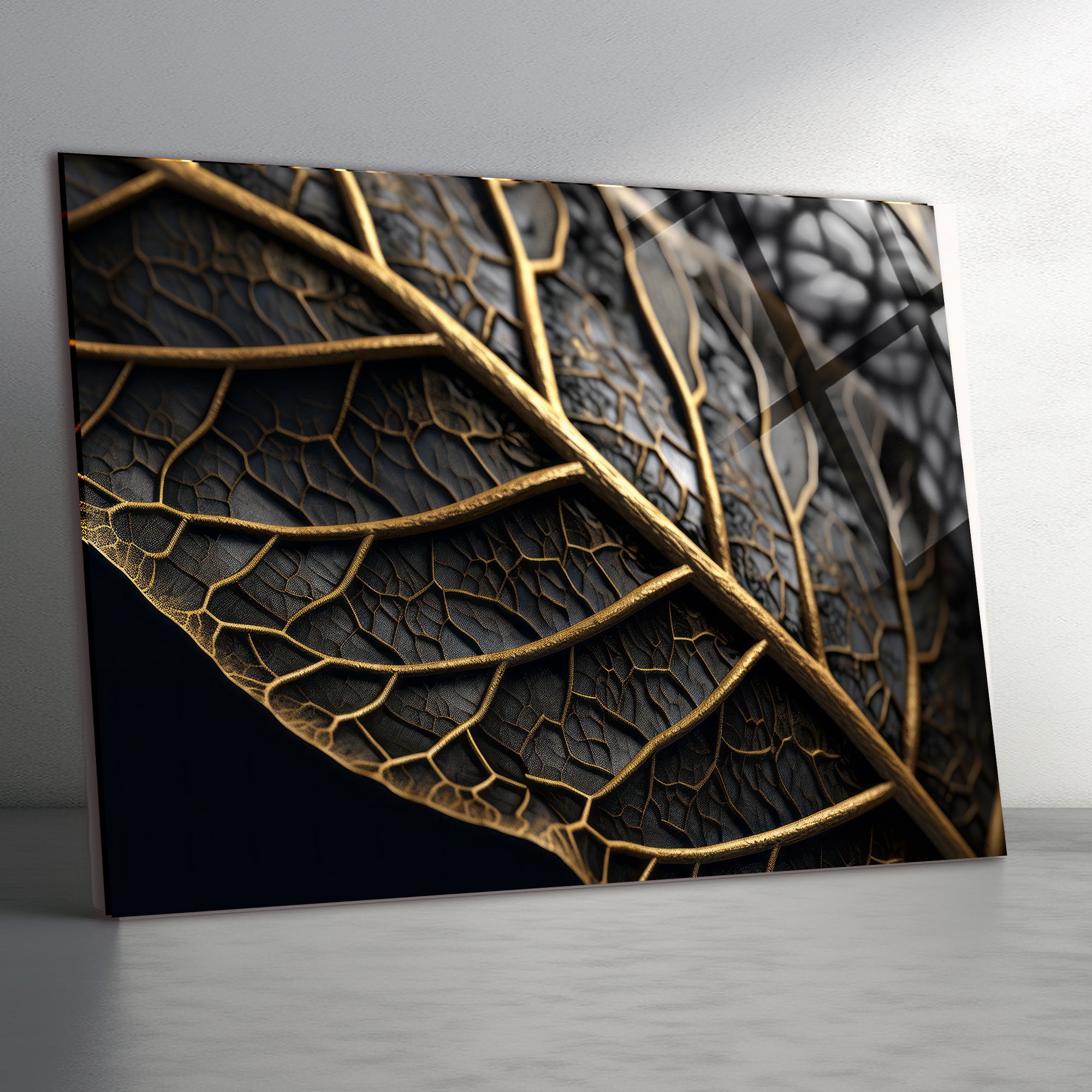 Temperli Cam Duvar Tablosu  Altın Damarlı Yaprak