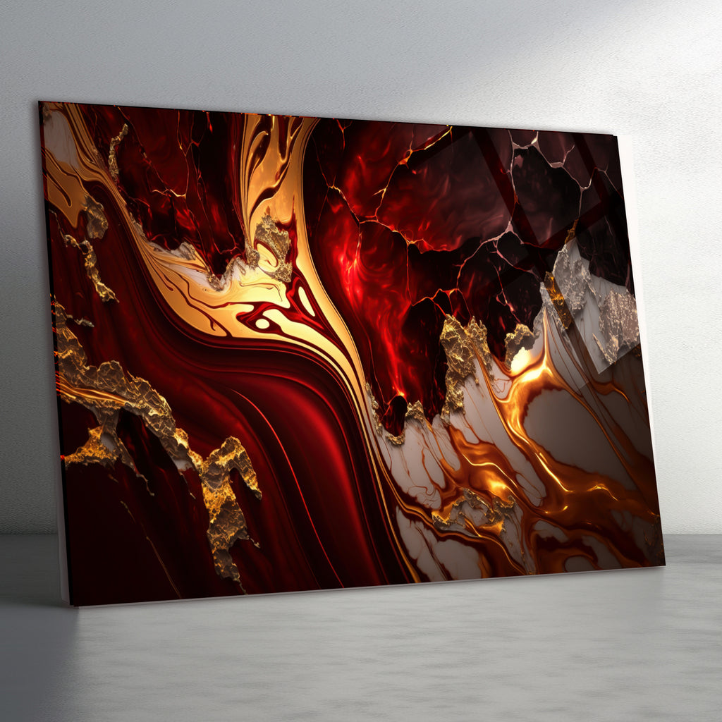 Temperli Cam Duvar Tablosu  Kırmızı Altınlı Mermer