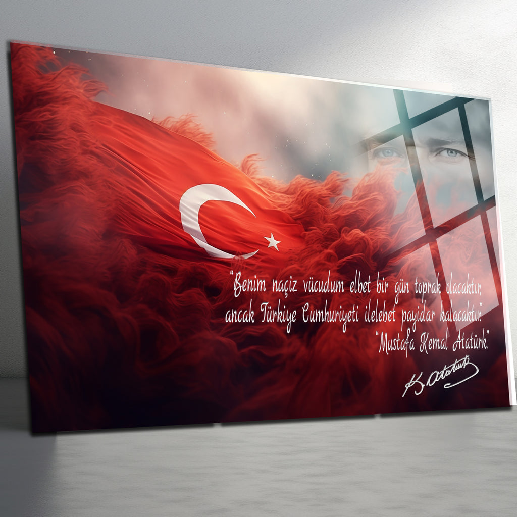 Atatürk Temalı Temperli Cam Duvar Tablosu – Premium UV Baskı, Modern & Şık Dekor