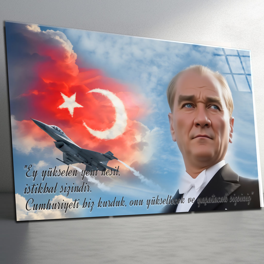 Atatürk Temalı Temperli Cam Duvar Tablosu – Premium UV Baskı, Modern & Şık Dekor