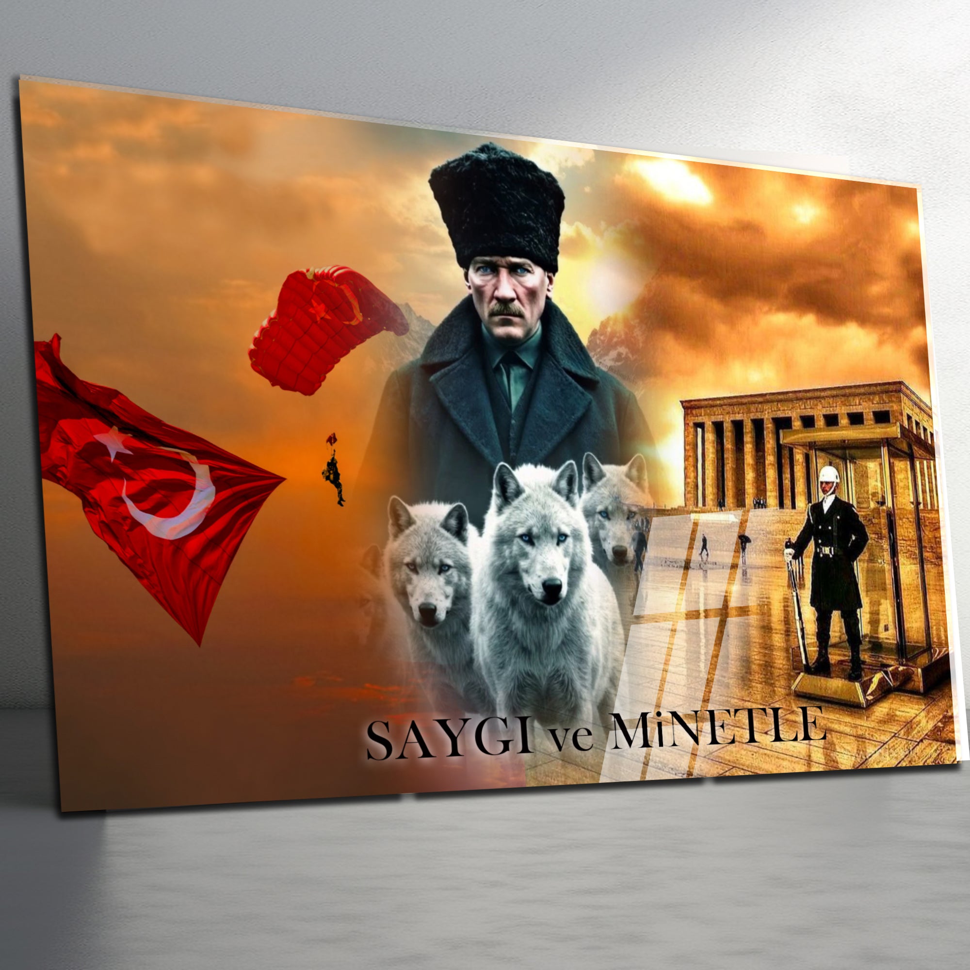 Atatürk Temalı Temperli Cam Duvar Tablosu – Premium UV Baskı, Modern & Şık Dekor