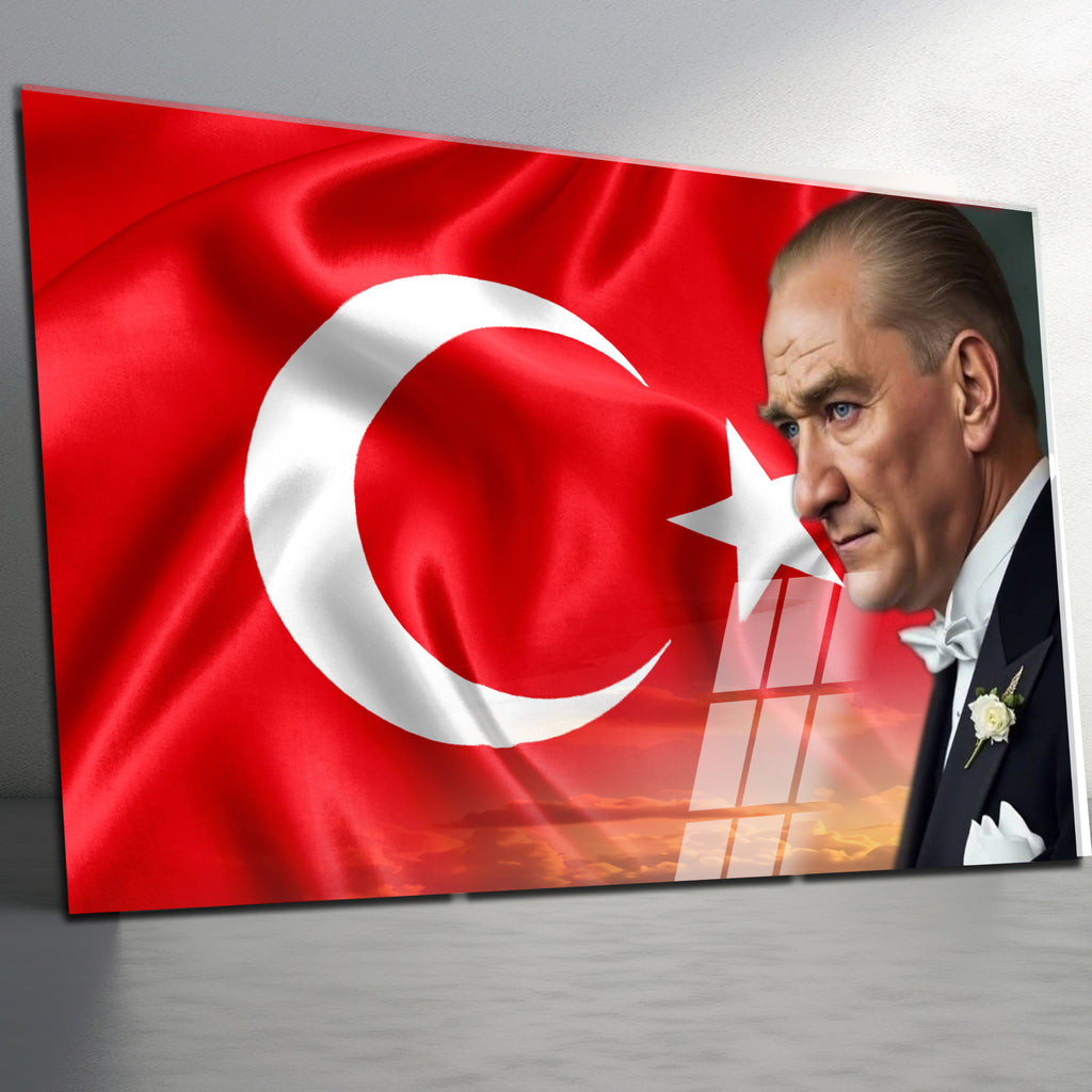 Atatürk Temalı Temperli Cam Duvar Tablosu – Premium UV Baskı, Modern & Şık Dekor