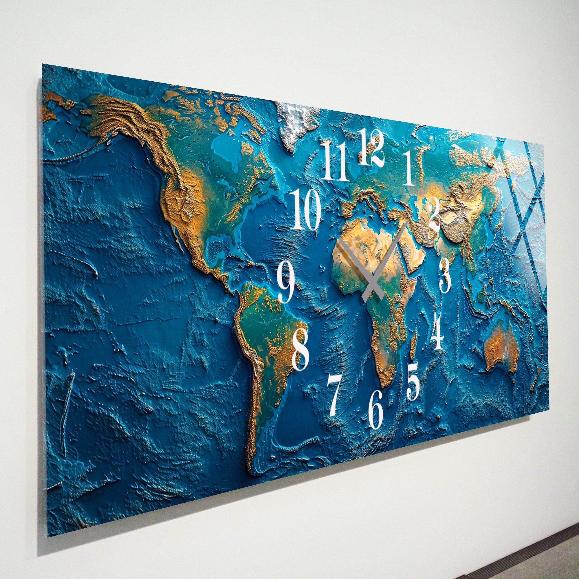 Dünya Haritası Temalı Temperli Cam Duvar Saati – Altın Detaylı Modern Tasarım, Büyük Boy Duvar Dekoru (Kopya)