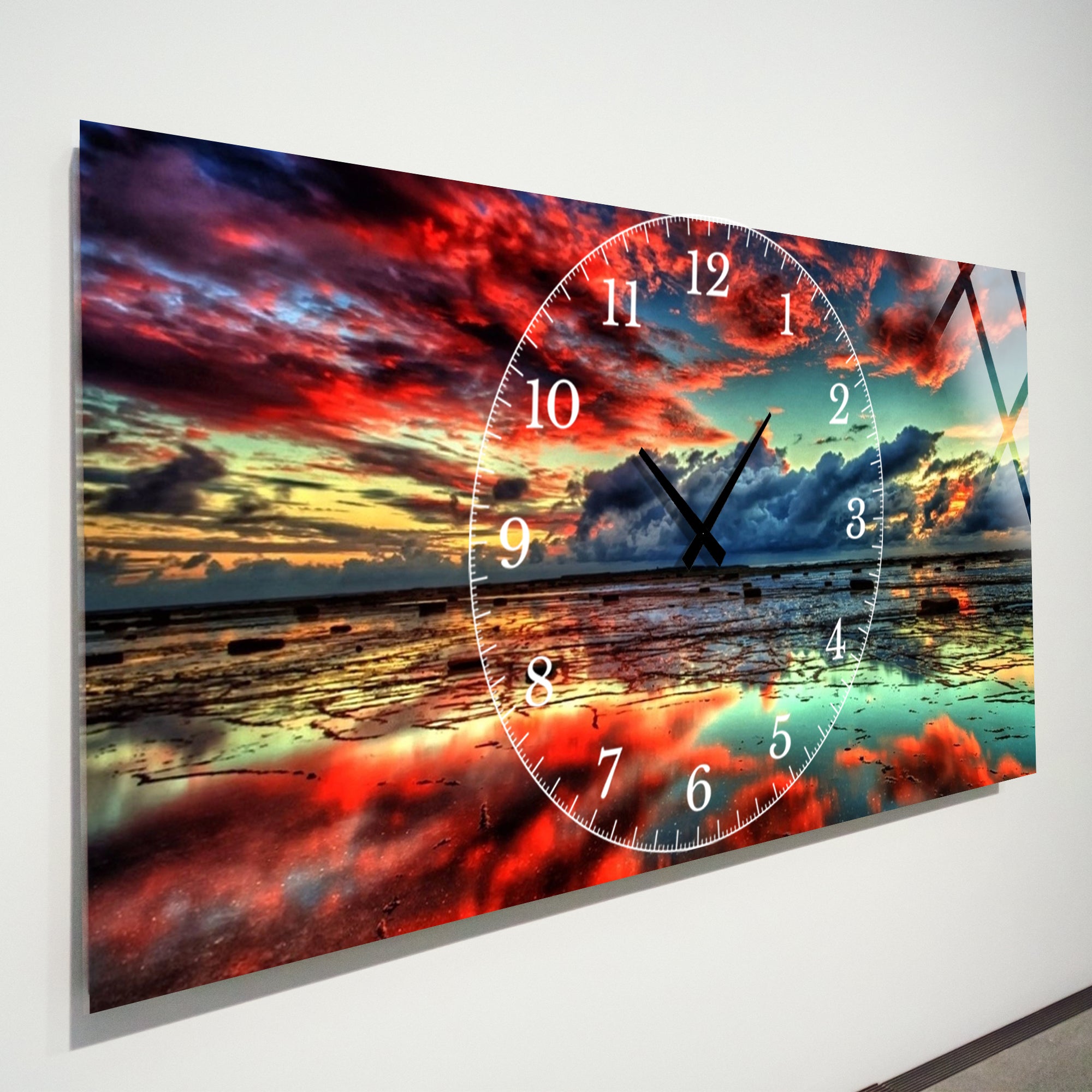 Manzara Temalı Temperli Cam Duvar Saati – Altın Detaylı Modern Tasarım, Büyük Boy Duvar Dekoru
