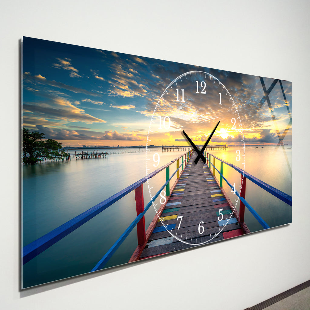 Manzara Temalı Temperli Cam Duvar Saati – Altın Detaylı Modern Tasarım, Büyük Boy Duvar Dekoru (Kopya) (Kopya)