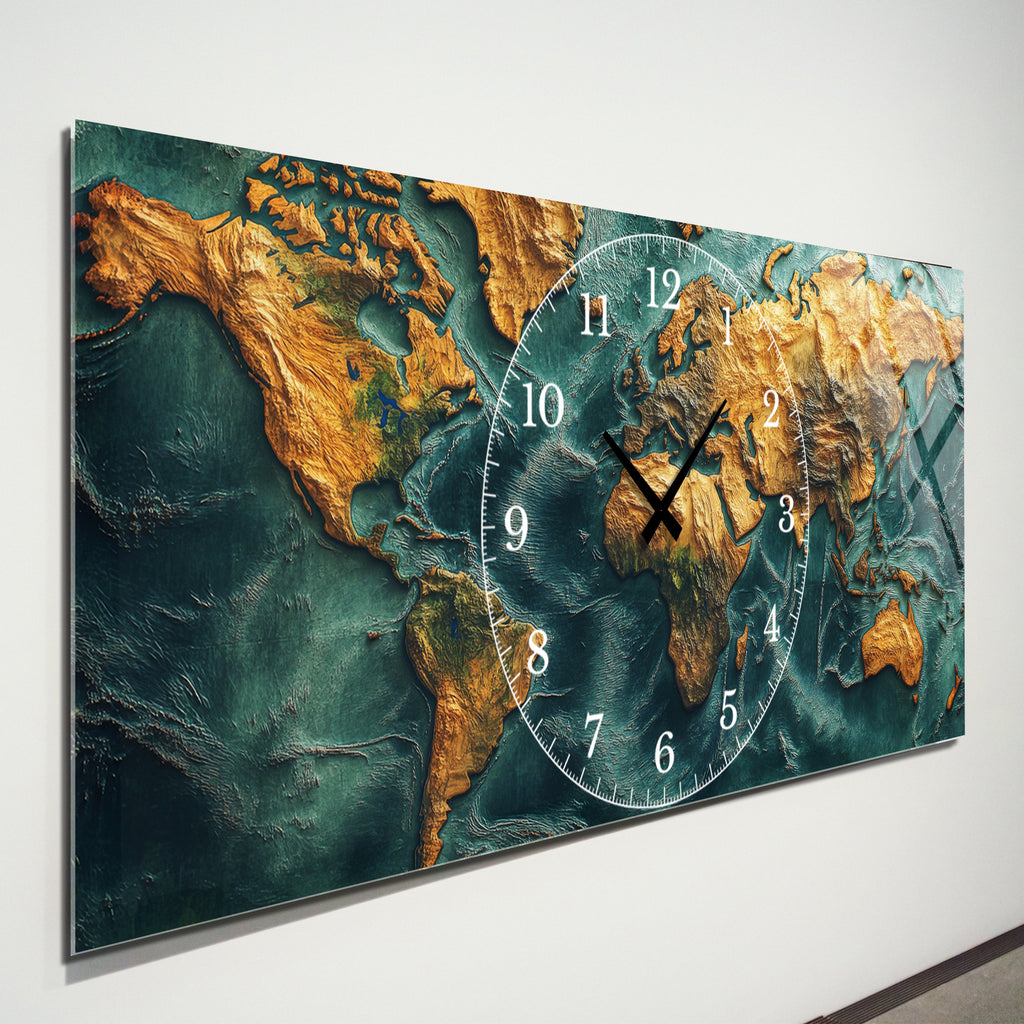 World Map Themed Tempered Glass Wall Clock – Modern Design with Gold Details, Large Wall Decor