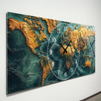 World Map Themed Tempered Glass Wall Clock – Modern Design with Gold Details, Large Wall Decor