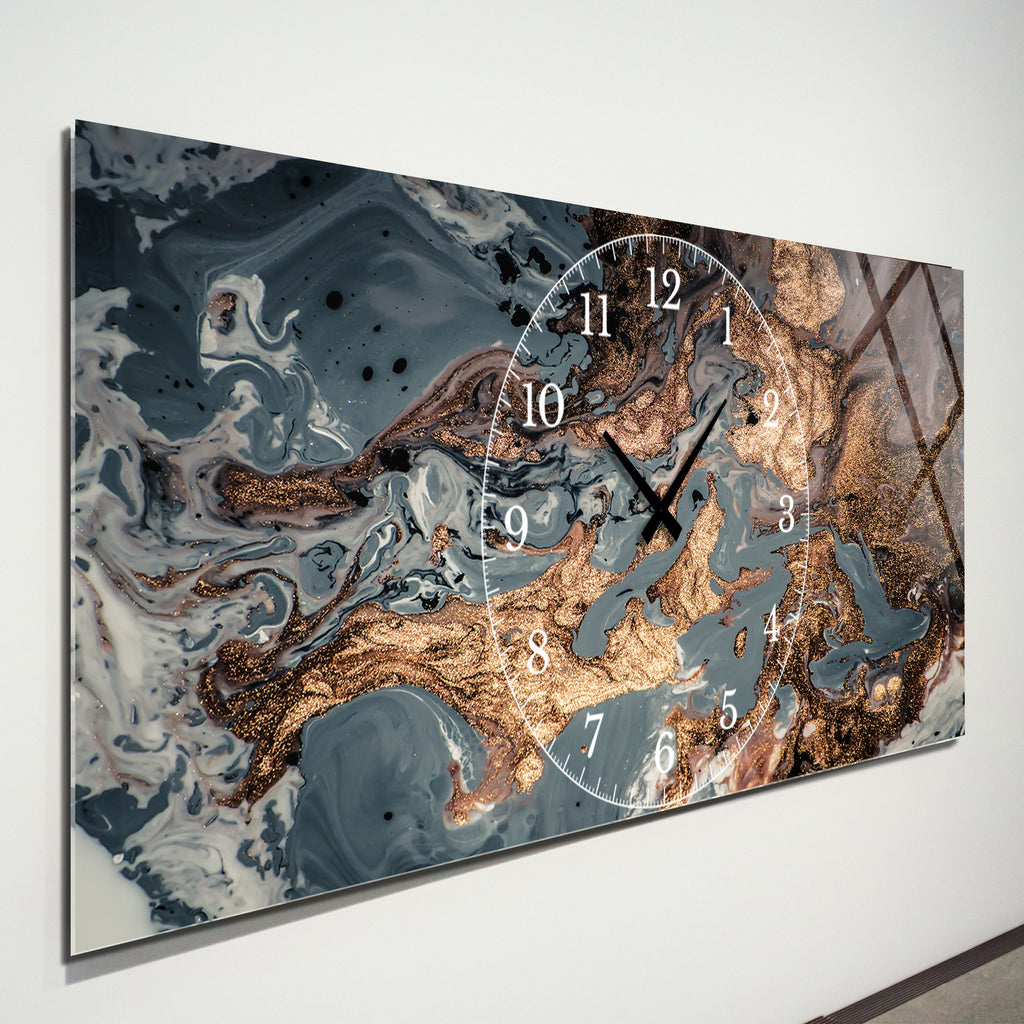 Soyut Temalı Temperli Cam Duvar Saati – Altın Detaylı Modern Tasarım, Büyük Boy Duvar Dekoru