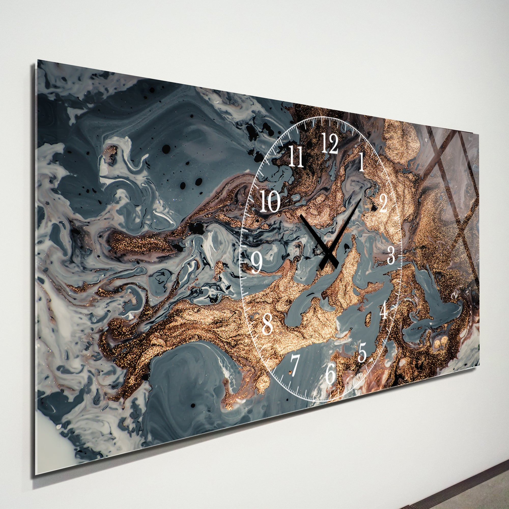 Soyut Temalı Temperli Cam Duvar Saati – Altın Detaylı Modern Tasarım, Büyük Boy Duvar Dekoru