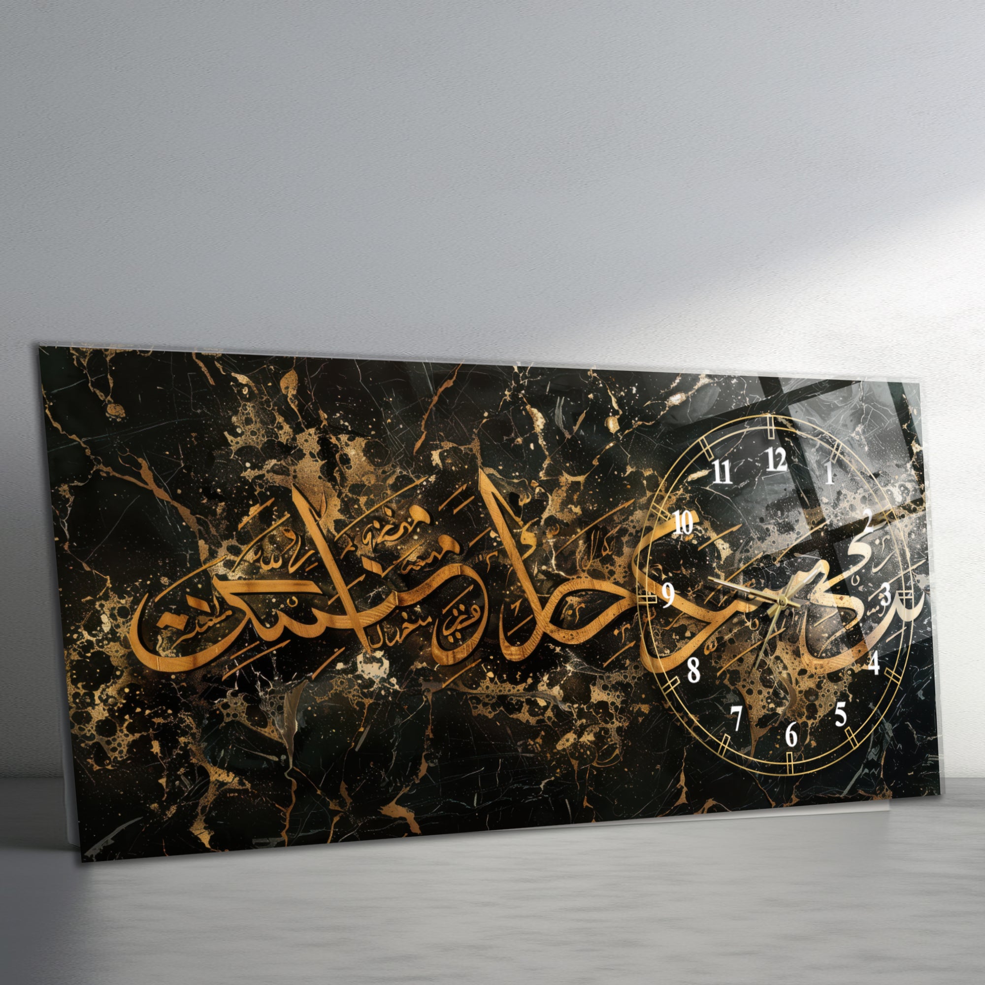 Temperli Cam İslami Duvar Saati – MâşâAllah Hat Sanatı, Siyah Gold Mermer Tasarım