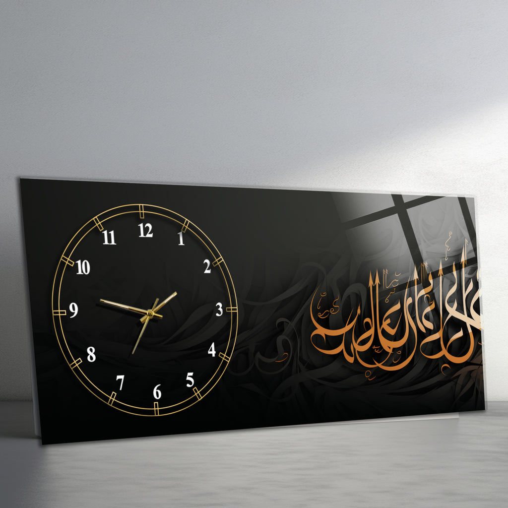 Temperli Cam İslami Duvar Saati – Kullu men ‘aleyhâ fân Hat Sanatı, Siyah Gold Modern Tasarım