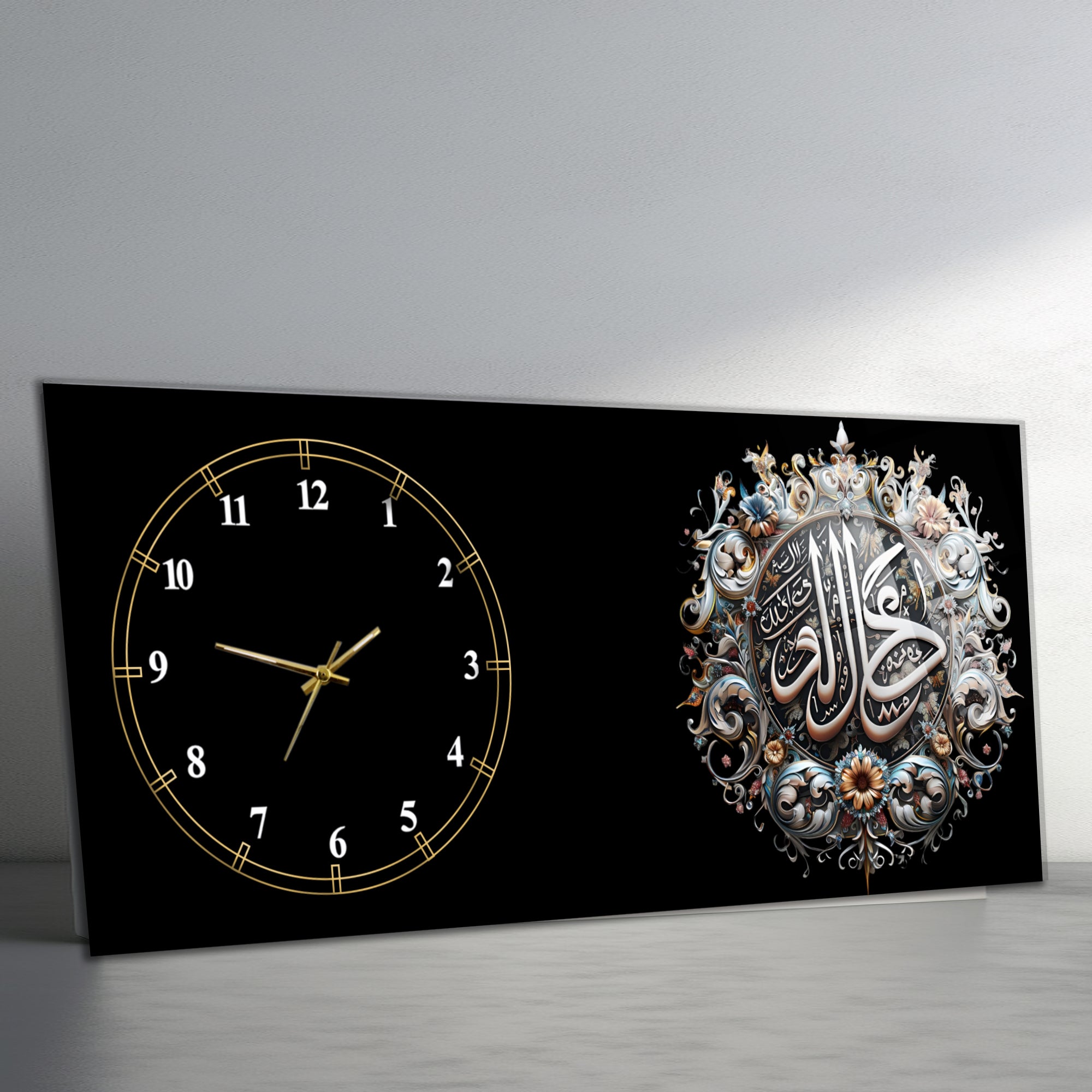 Temperli Cam İslami Duvar Saati – Kefâ Billâhi Şehîdâ Yazılı Hat Tasarımı