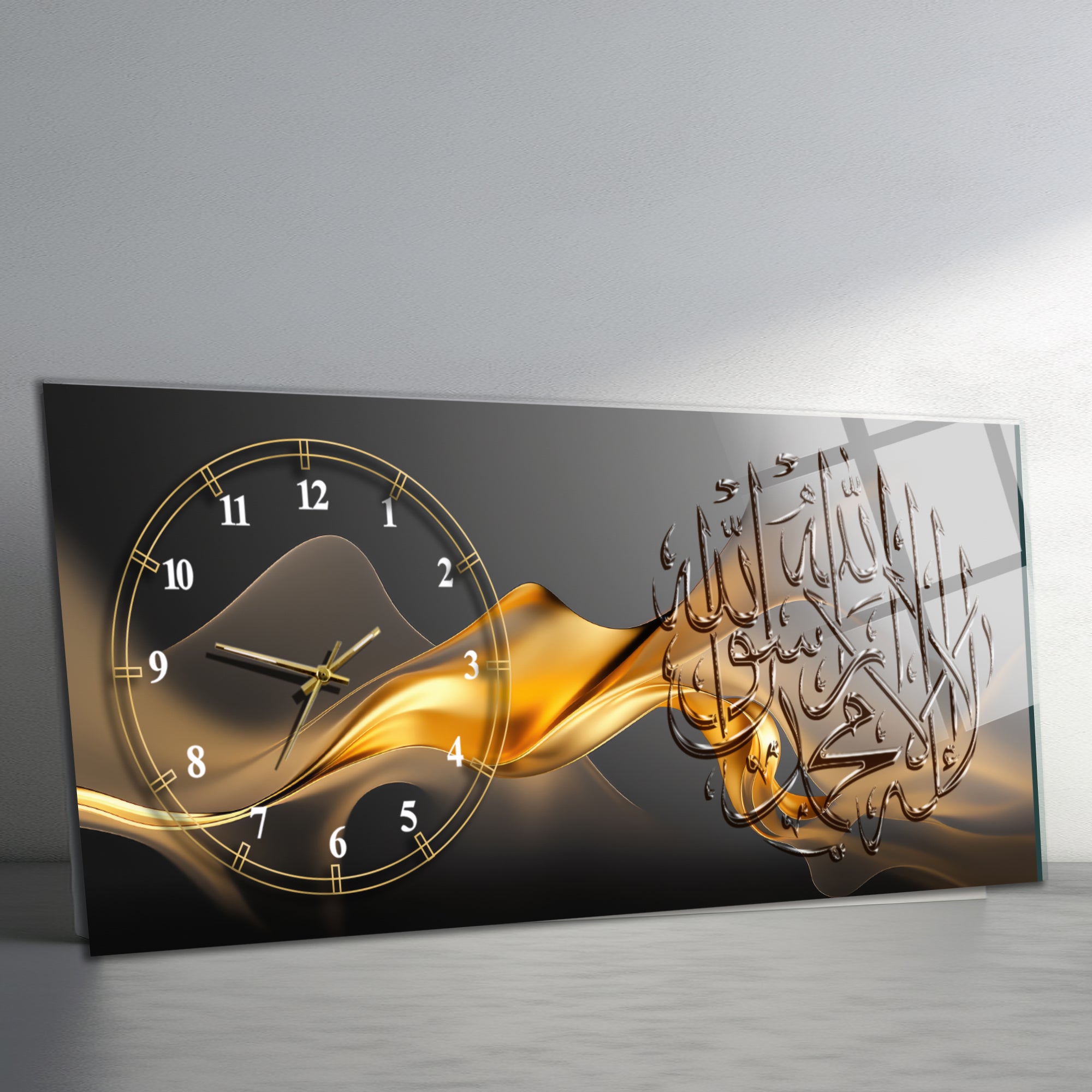 Temperli Cam Duvar Saati – La İlahe İllallah Muhammedün Resulullah Yazılı