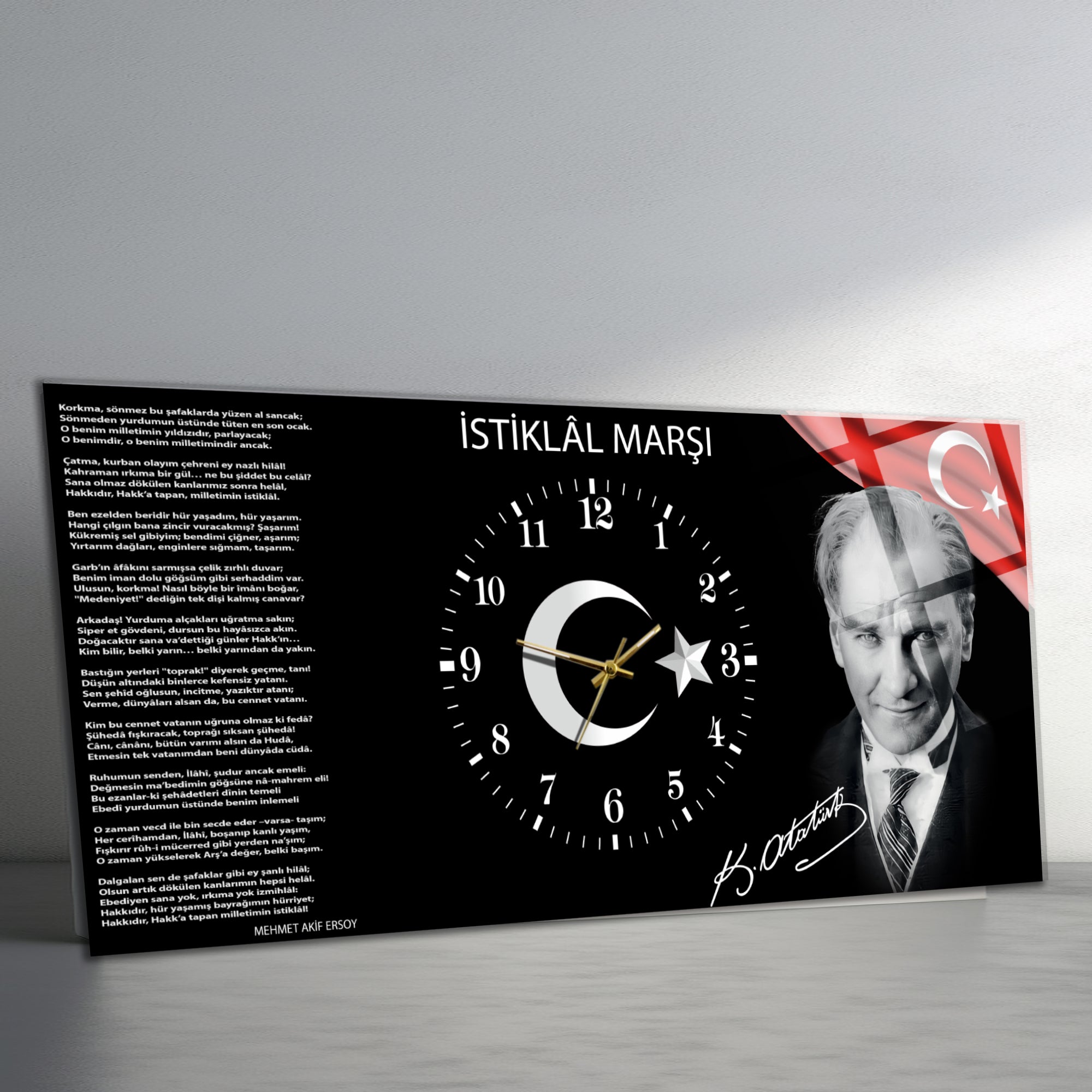 Temperli Cam Saat –Atatürk Portresi  Tasarım, Premium UV Baskı Duvar Saatİ