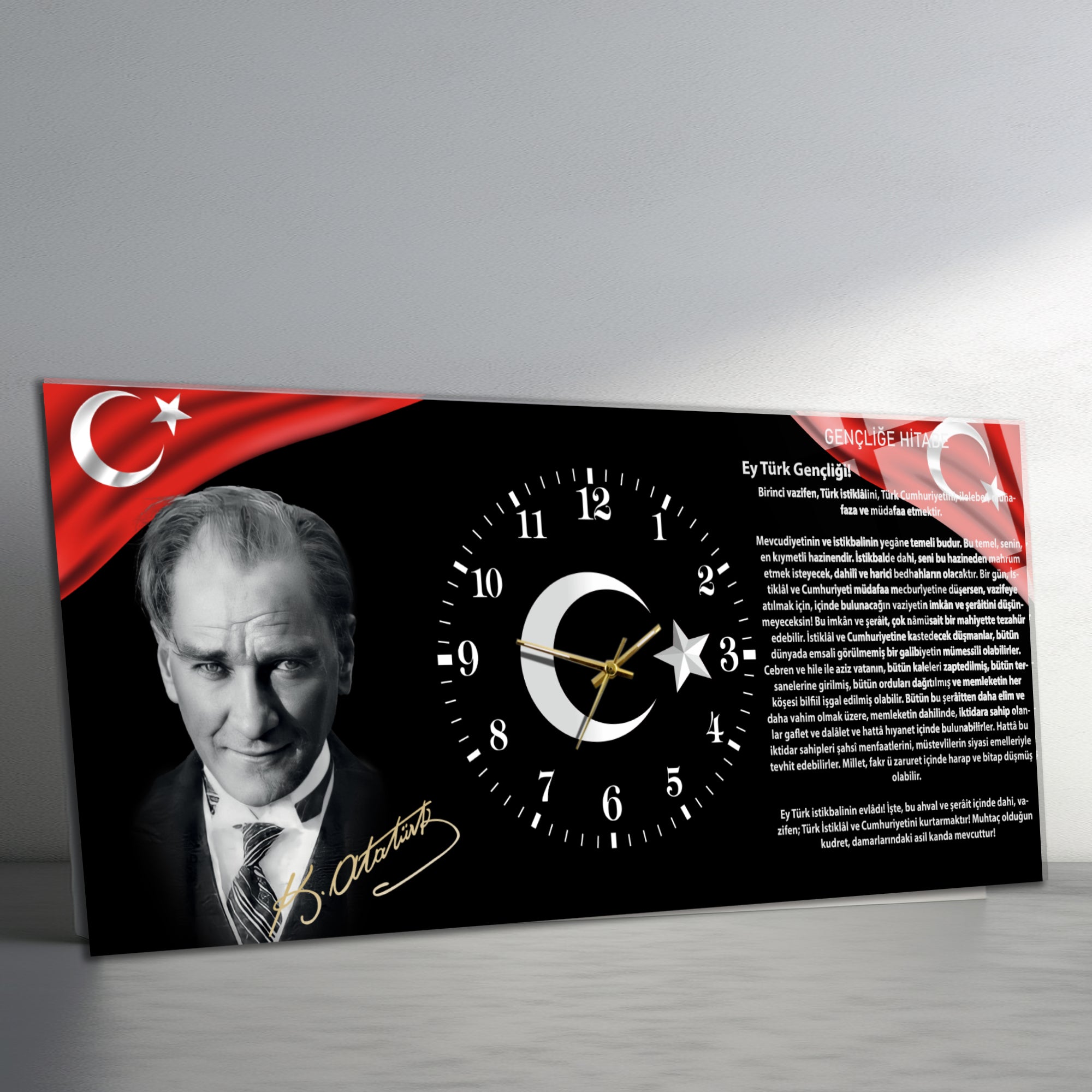 Temperli Cam Saat –Atatürk Portresi  Tasarım, Premium UV Baskı Duvar Saati (Kopya)