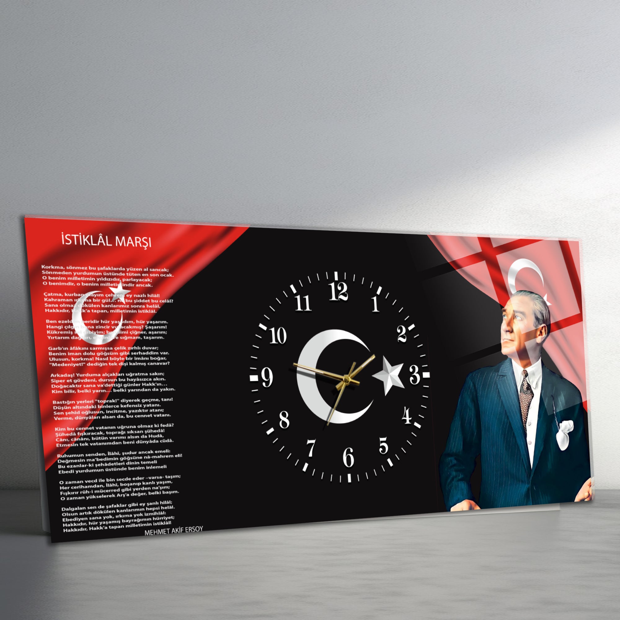 Temperli Cam Saat –Atatürk Portresi  Tasarım, Premium UV Baskı Duvar Saati