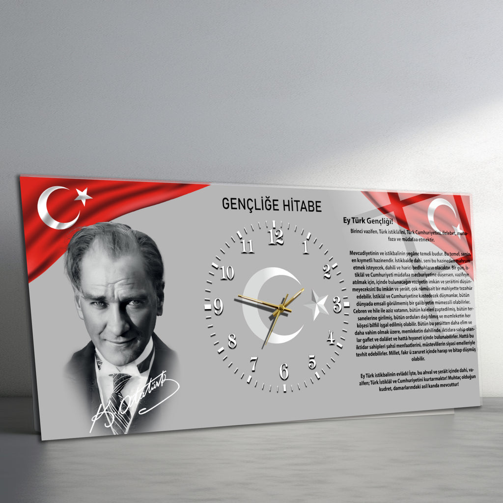 Temperli Cam Saat –Atatürk Portresi  Tasarım, Premium UV Baskı Duvar Saatİ