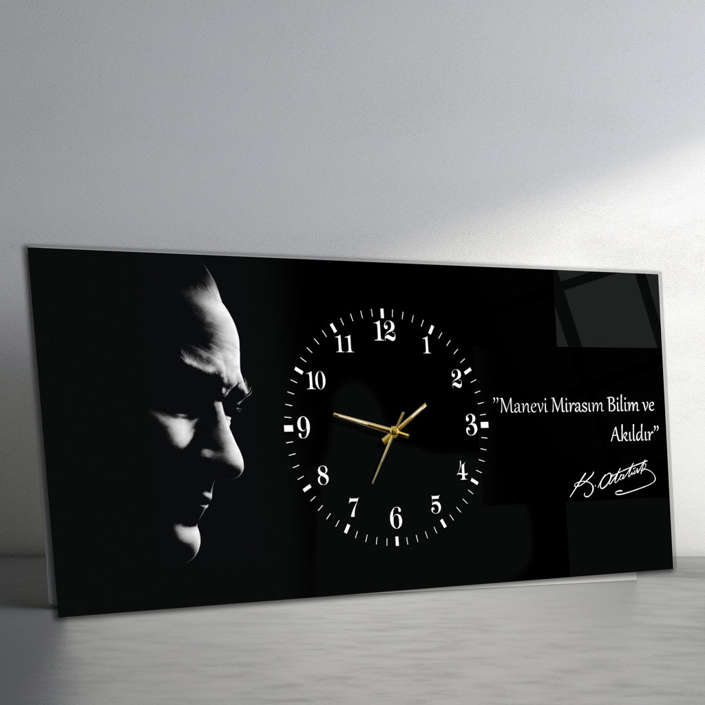 Temperli Cam Saat –Atatürk Portresi  Tasarım, Premium UV Baskı Duvar Saati