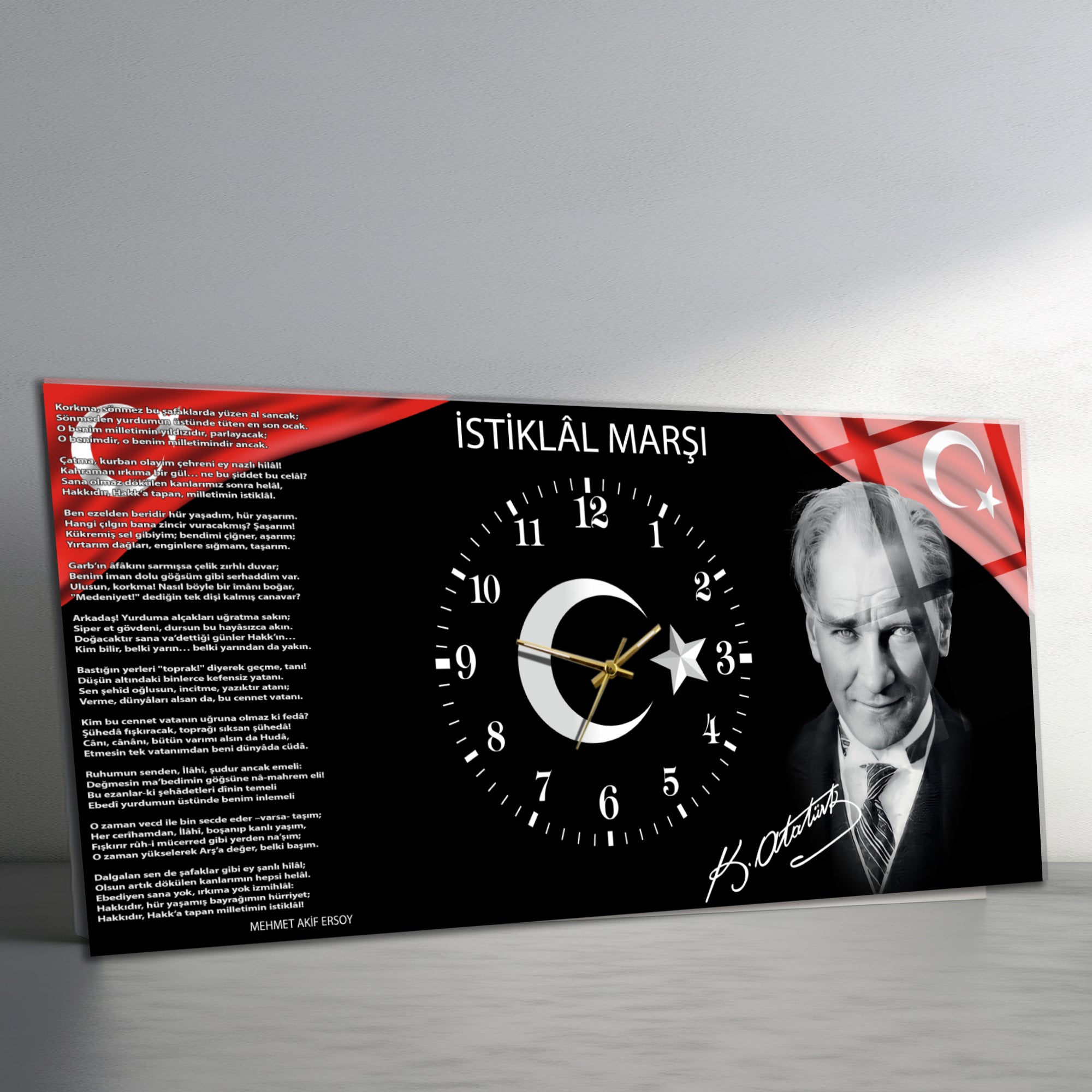 Temperli Cam Saat –Atatürk Portresi  Tasarım, Premium UV Baskı Duvar Saati