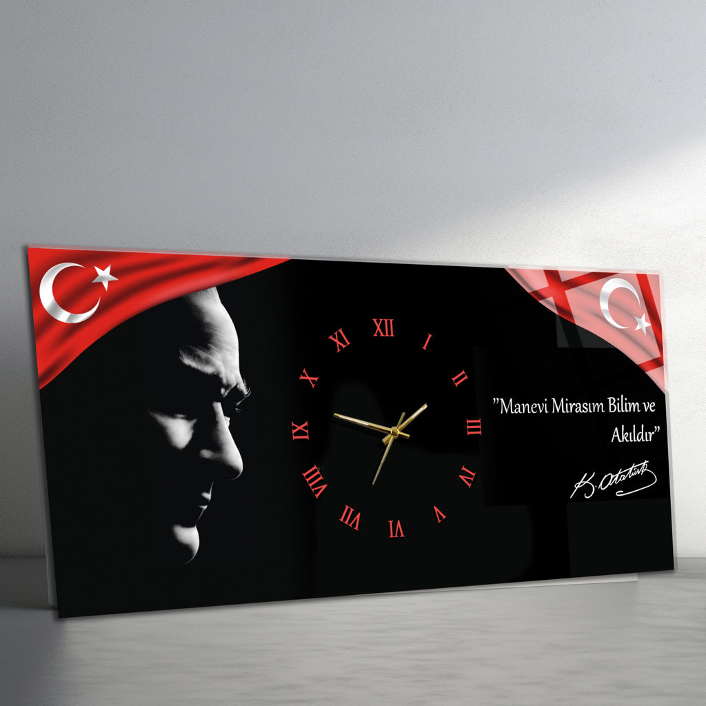 Temperli Cam Saat –Atatürk Portresi  Tasarım, Premium UV Baskı Duvar Saatİ