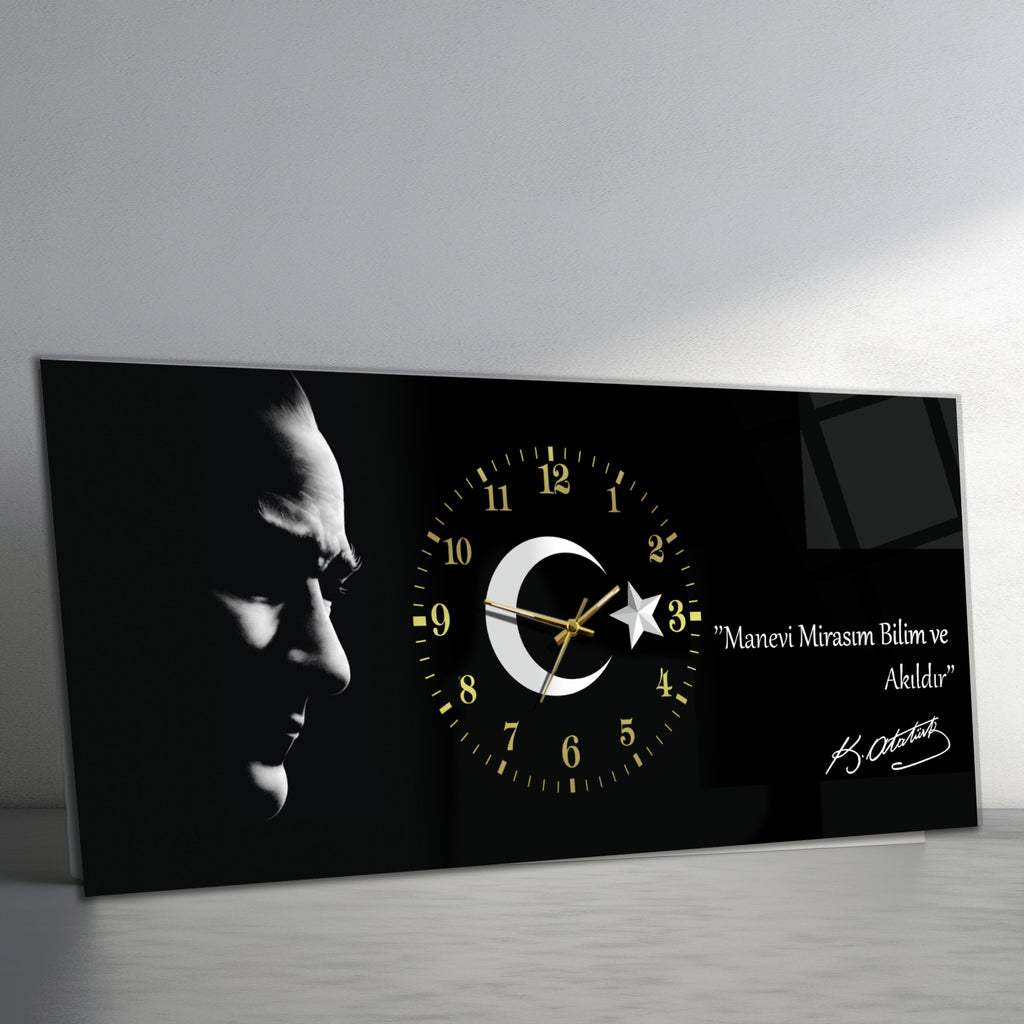 Temperli Cam Saat –Atatürk Portresi  Tasarım, Premium UV Baskı Duvar Saati