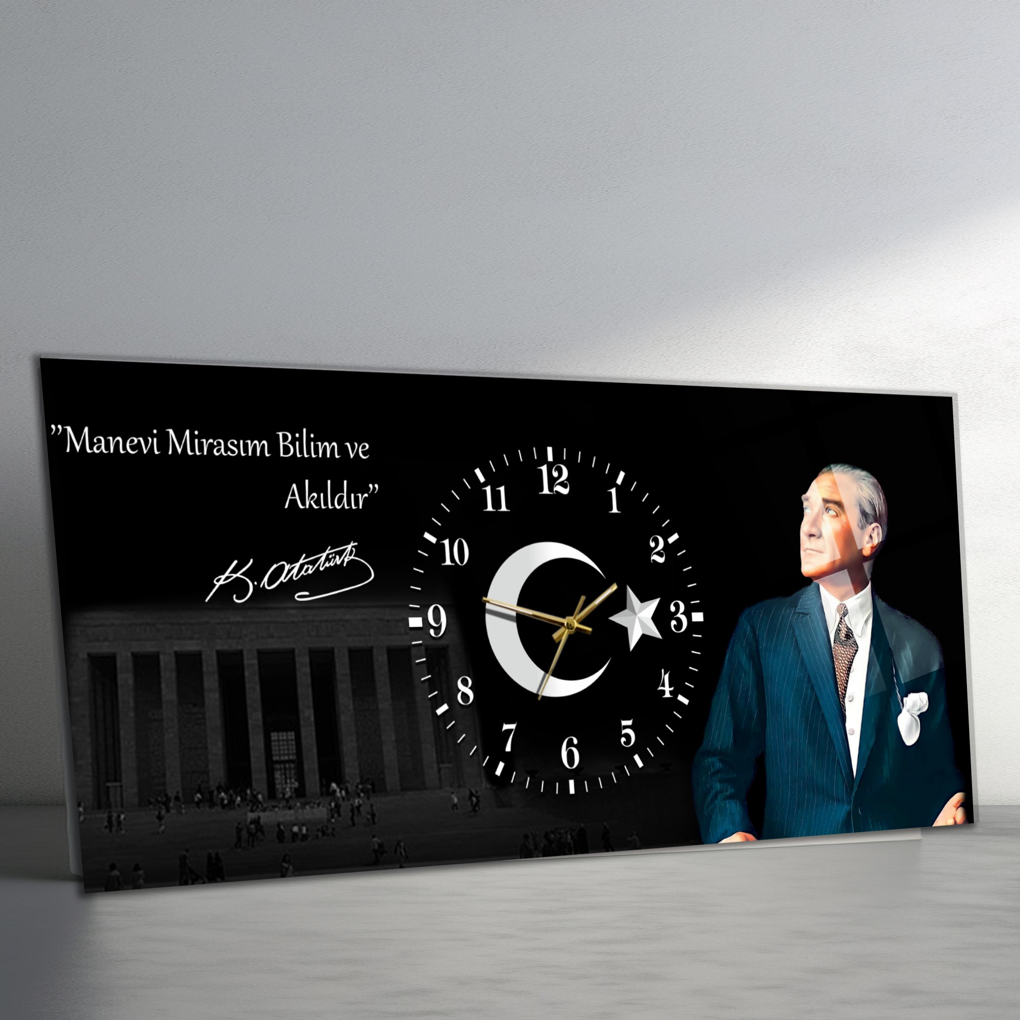 Temperli Cam Saat –Atatürk Portresi  Tasarım, Premium UV Baskı Duvar Saati