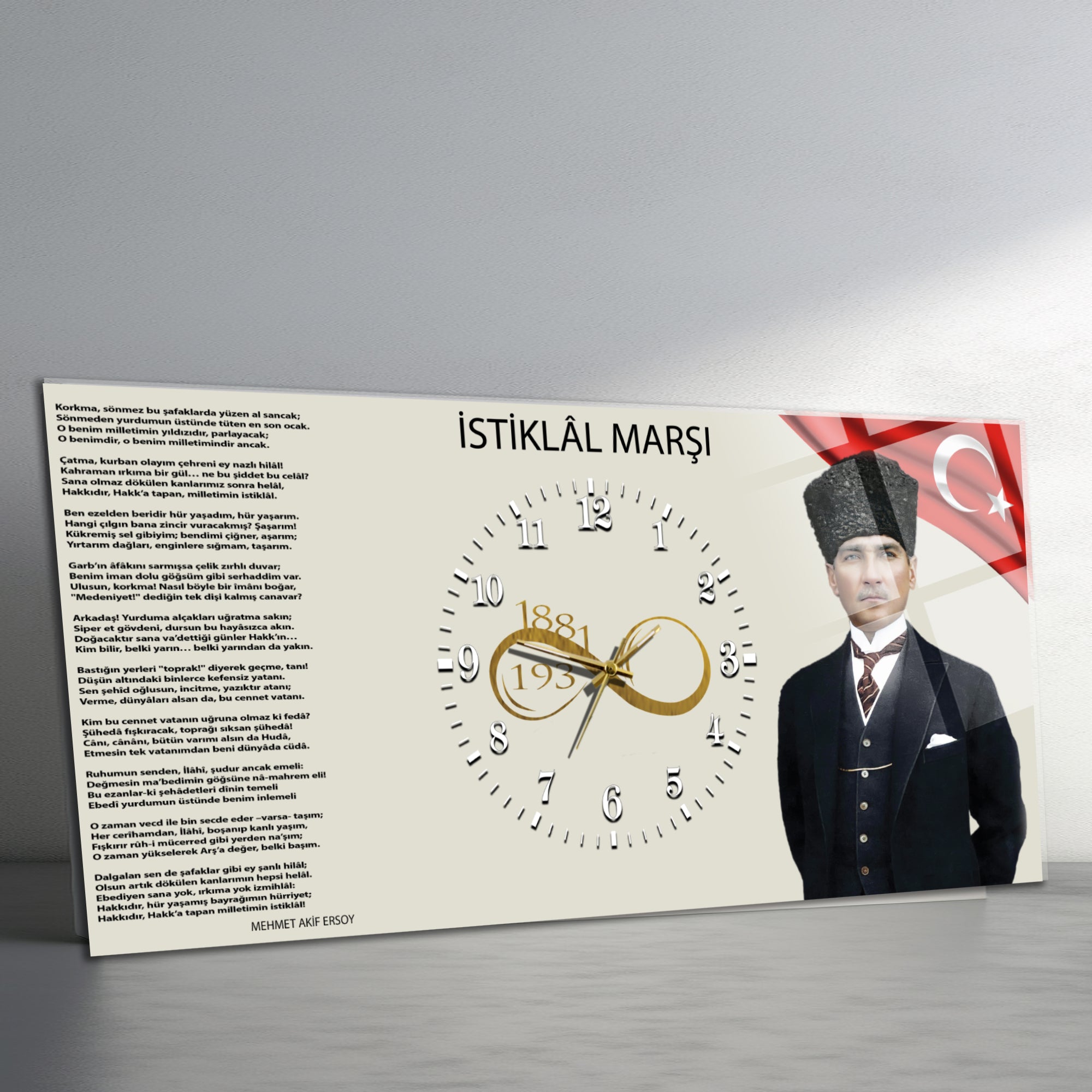 Temperli Cam Saat –Atatürk Portresi  Tasarım, Premium UV Baskı Duvar Saati
