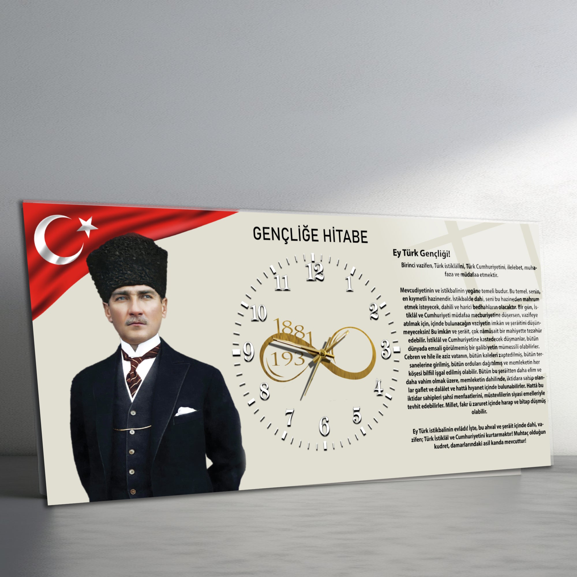 Temperli Cam Saat –Atatürk Portresi  Tasarım, Premium UV Baskı Duvar Saati