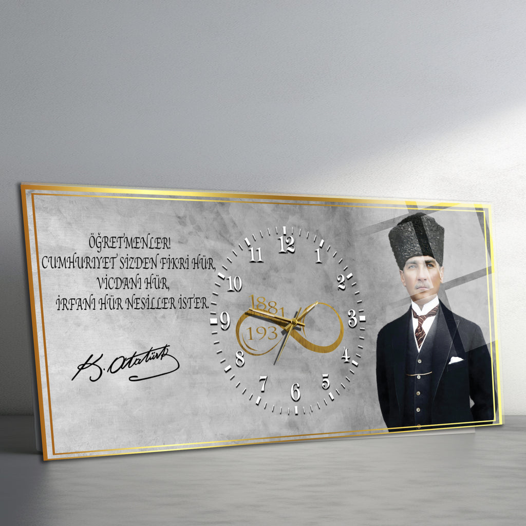 Temperli Cam Saat –Atatürk Portresi  Tasarım, Premium UV Baskı Duvar Saati