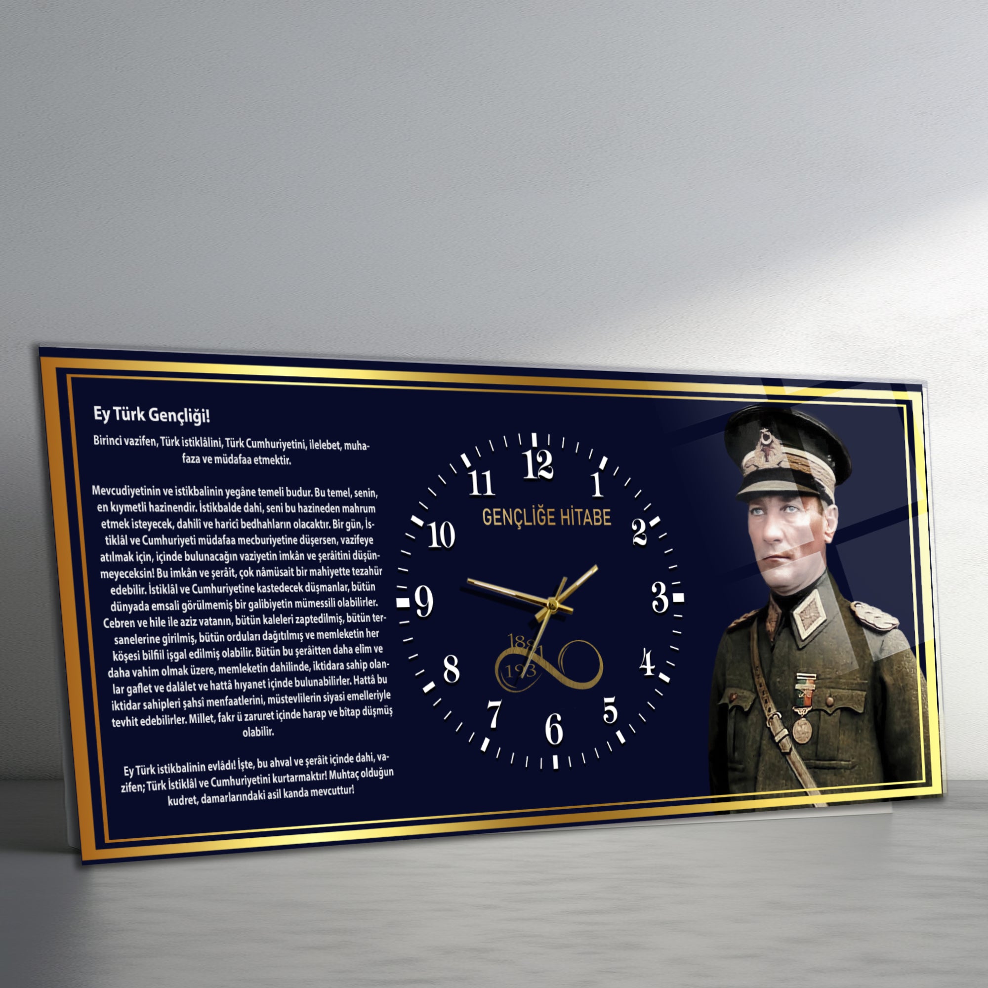 Temperli Cam Saat –Atatürk Portresi  Tasarım, Premium UV Baskı Duvar Saati