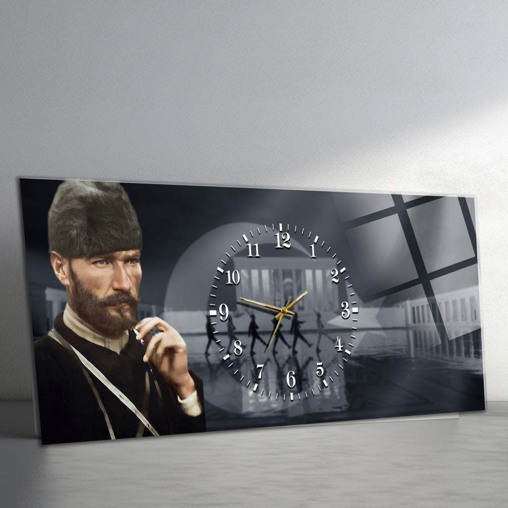 Temperli Cam Saat –Atatürk Portresi  Tasarım, Premium UV Baskı Duvar Saati