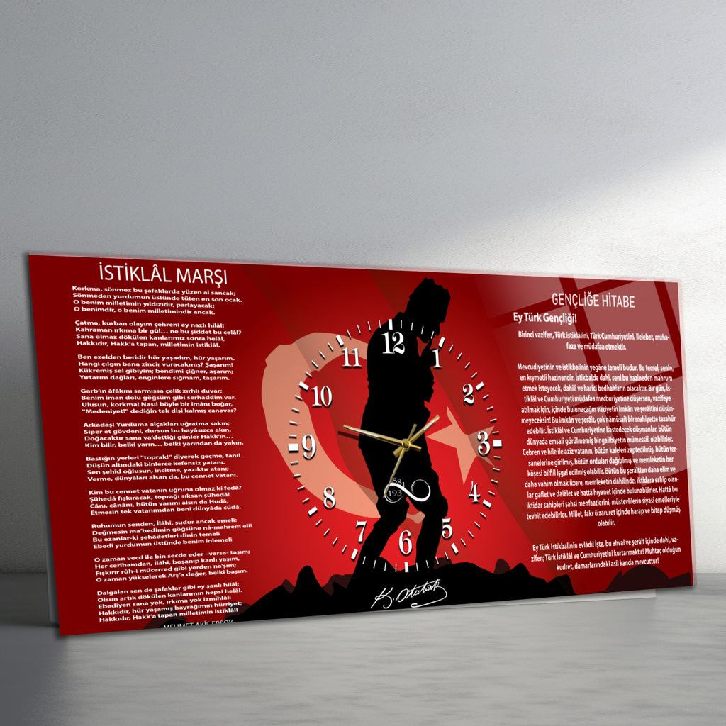 Temperli Cam Saat –Atatürk Portresi  Tasarım, Premium UV Baskı Duvar Saatİ