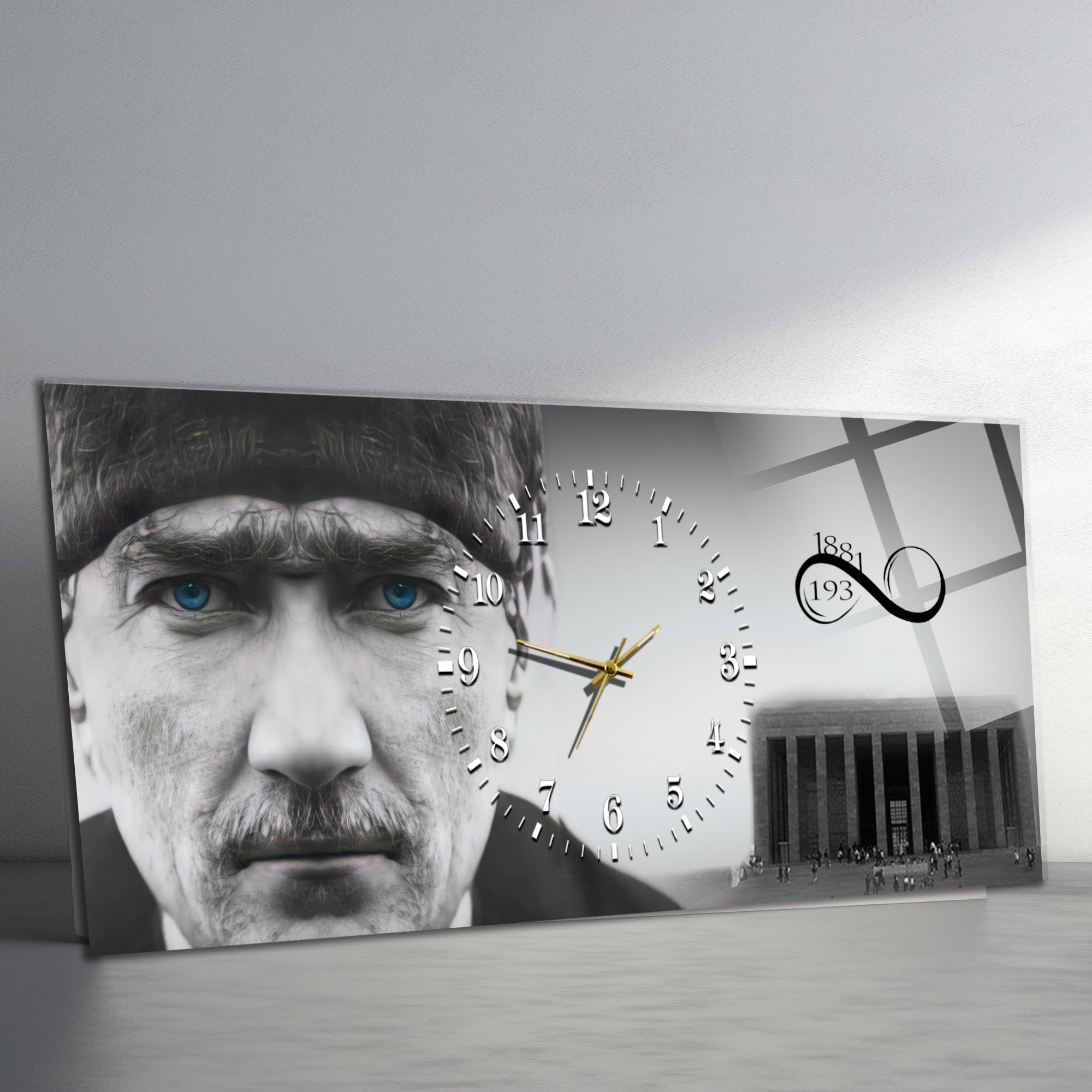 Temperli Cam Saat –Atatürk Portresi  Tasarım, Premium UV Baskı Duvar Saatİ