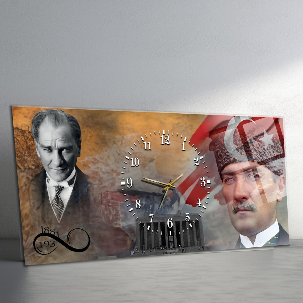 Temperli Cam Saat –Atatürk Portresi  Tasarım, Premium UV Baskı Duvar Saati