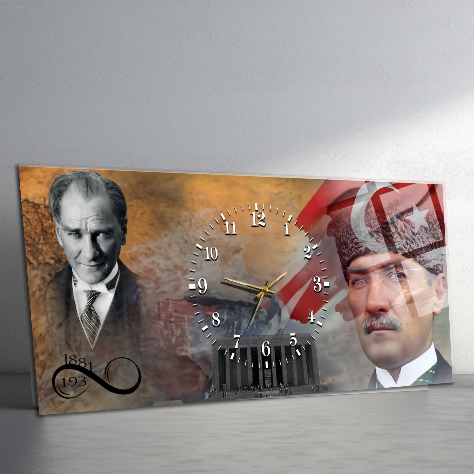 Temperli Cam Saat –Atatürk Portresi  Tasarım, Premium UV Baskı Duvar Saati