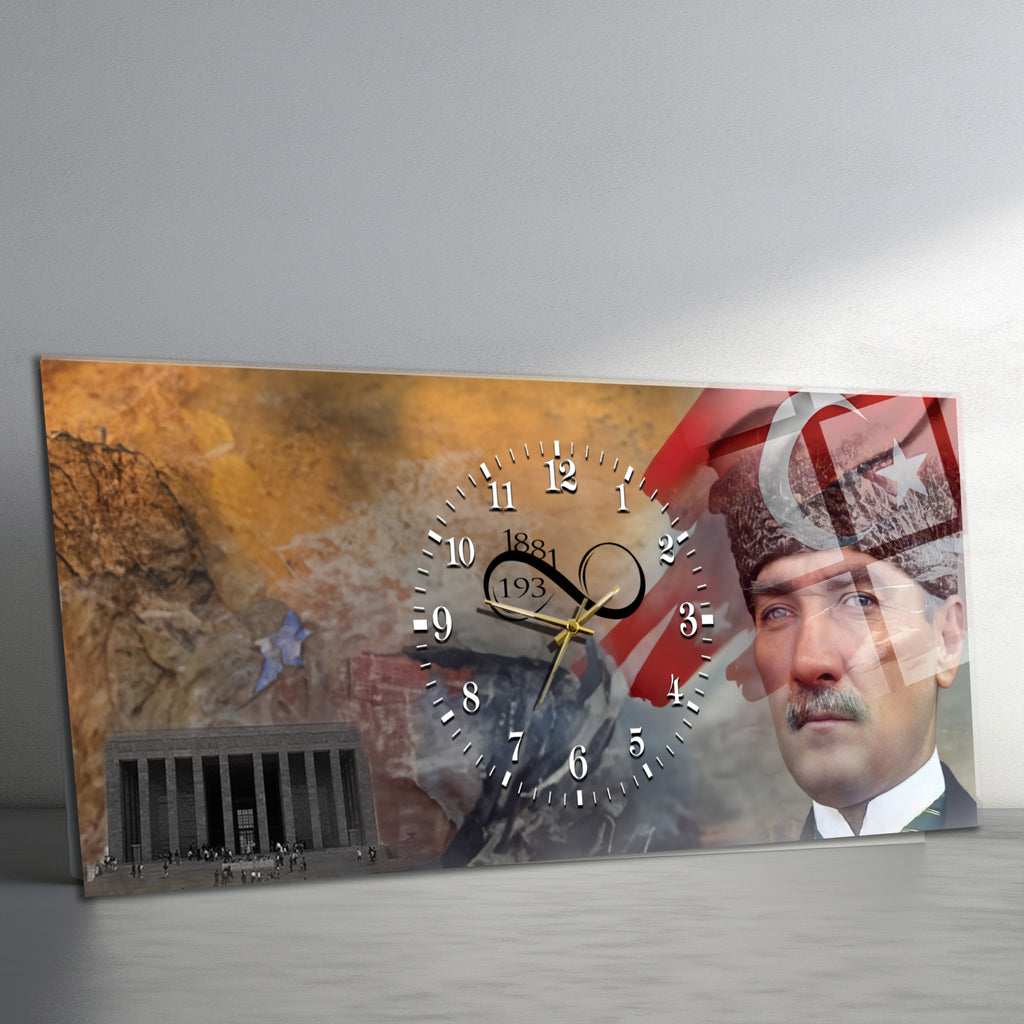 Temperli Cam Saat –Atatürk Portresi  Tasarım, Premium UV Baskı Duvar Saati