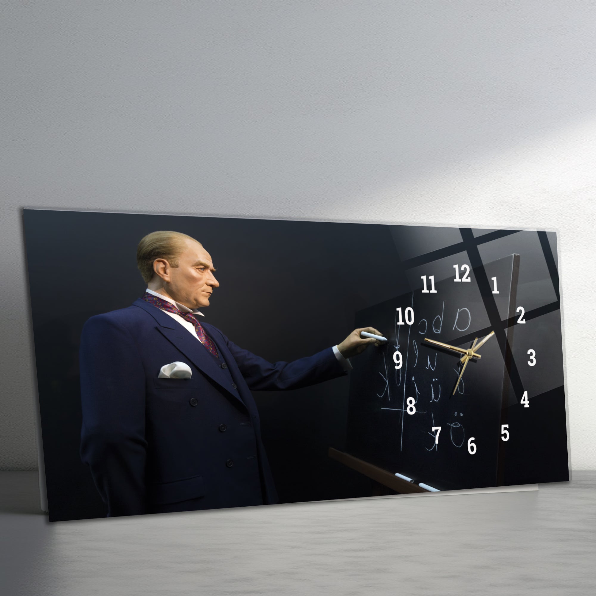 Temperli Cam Saat –Atatürk Portresi  Tasarım, Premium UV Baskı Duvar Saati