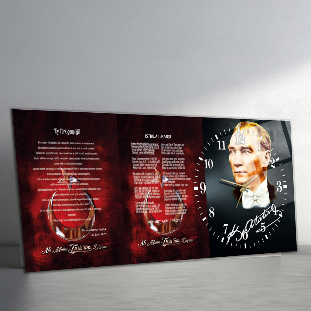 Temperli Cam Saat –Atatürk Portresi  Tasarım, Premium UV Baskı Duvar Saati