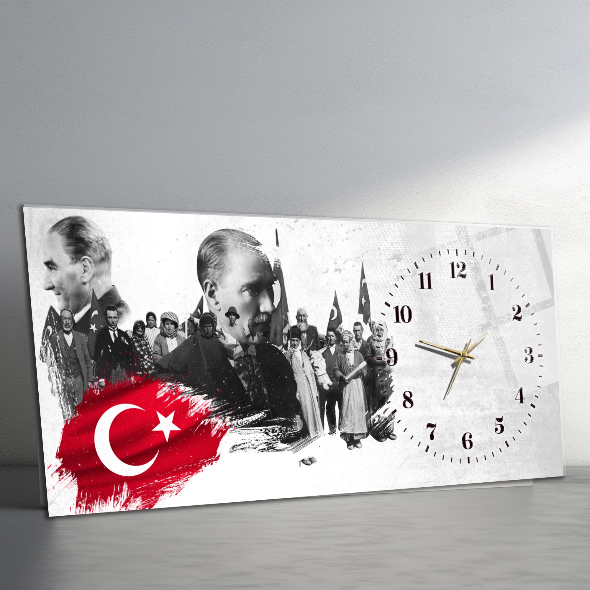 Temperli Cam Saat –Atatürk Portresi  Tasarım, Premium UV Baskı Duvar Saati