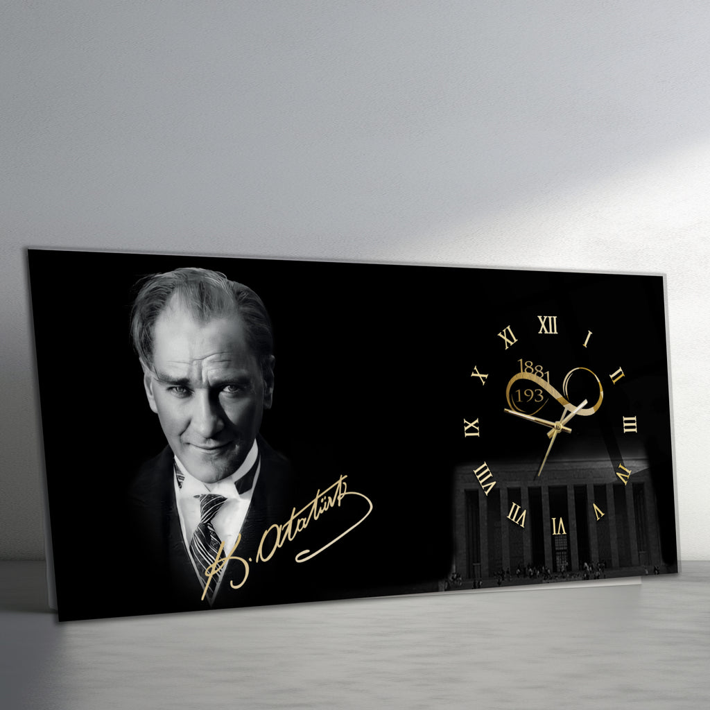 Temperli Cam Saat –Atatürk Portresi  Tasarım, Premium UV Baskı Duvar Saati